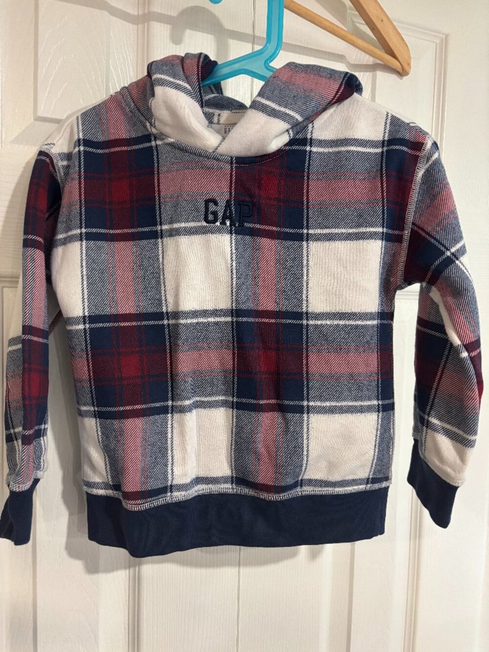 Gap Logo Hoodie Red & Navy Blue Plaid Boys 4